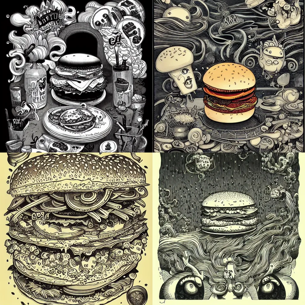 Prompt: hamburger, art by Joe Fenton