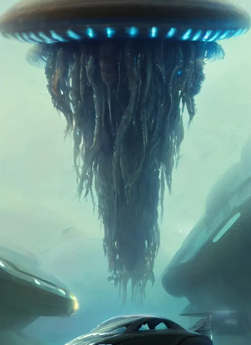 Prompt: jellyfish alien vehicle, sparks, ultra realistic, underwater temple, cinematic lighting, machines, highly detailed, sharp focus, artstation, masterpiece, art by greg rutkowski