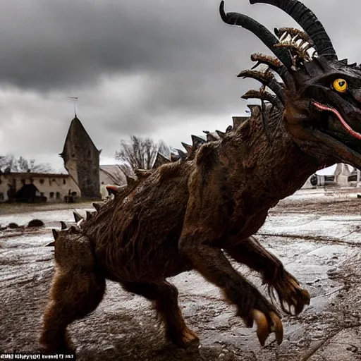 Image similar to horror, a monstrous mutant goat creature is galloping across a muddy medieval village square in daylight, filthy matted fur, human eyes, disturbing, mutated, crocodile - like teeth