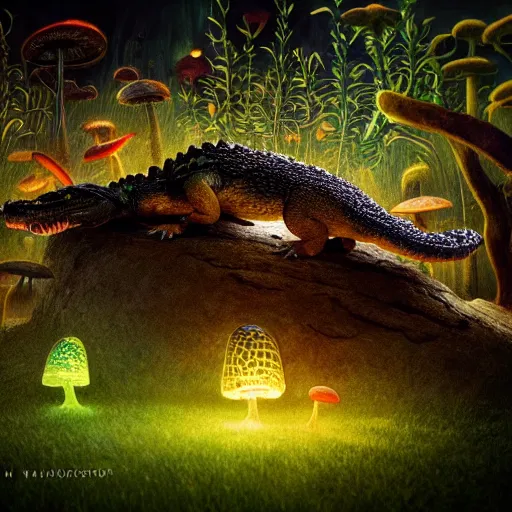 Prompt: alligator with glowing mushroom on it, swamp fog, mist, fireflies, vines, bioluminescent, rain by salvador dali, glow, trending on artstation, vibrant, intricate detail, dramatic lighting, octane render, weta digital, micro details, 3 d structure, ray trace