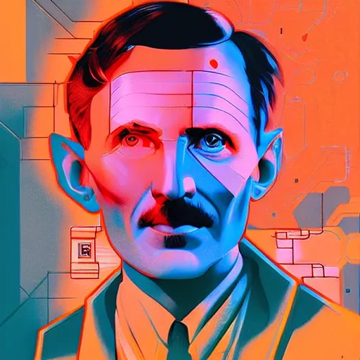 Prompt: majestic futuristic visionary inventor nikola tesla profile picture by sachin teng, masterpiece, organic painting, matte painting, technical geometrical drawing shapes, lightning electricity coil, hard edges, graffiti, street art by sachin teng