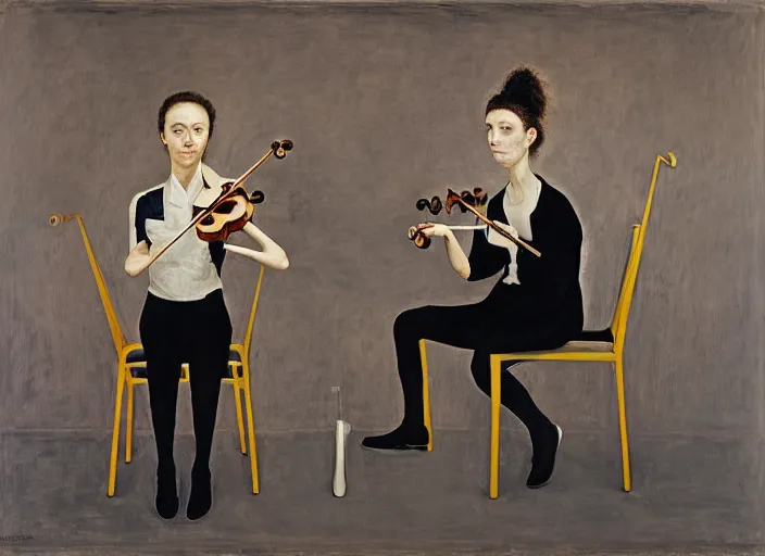 Image similar to portrait of two young nervous violin players sitting on chairs getting ready to perform, half figure front, vincent lefevre and pat steir and hilma af klint, psychological, photorealistic, symmetrical faces, intriguing eyes, dripping paint, washy brush, rendered in octane, altermodern, masterpiece