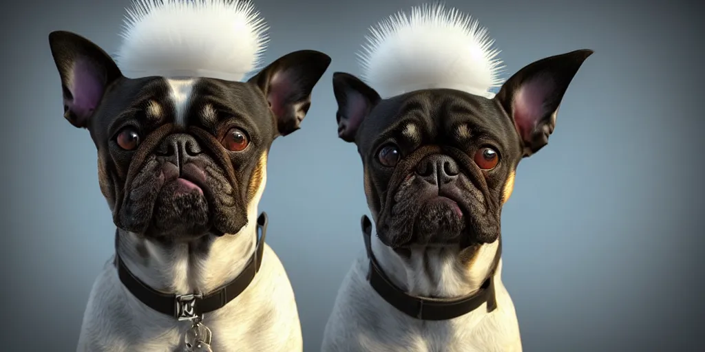 Image similar to portrait of a dog with a human mohawk hat, digital art, unreal engine