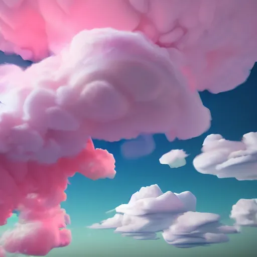 Prompt: colorful clouds made out of cotton candy floating around a skyscraper on a green hill, digital cartoon art 3d trending on artstation