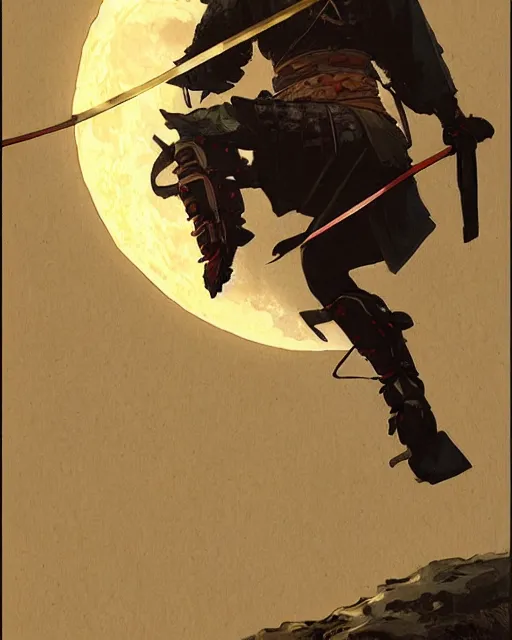 Prompt: '' Illustration a samurai breaking its chains, (night), (moon in the background), digital painting, artstation, concept art, sharp focus, illustration, art by greg rutkowski and alphonse mucha ''