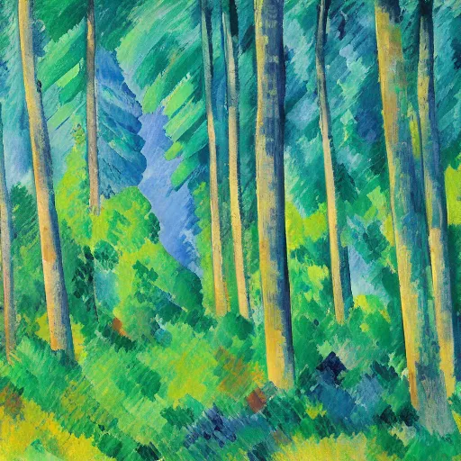 Prompt: landscape painting of a large dark beautiful light green forest, bushy trees, with the blue and purple sunset light reflected on the surface of the leaves. cezanne, picasso, van gogh, david hockney.
