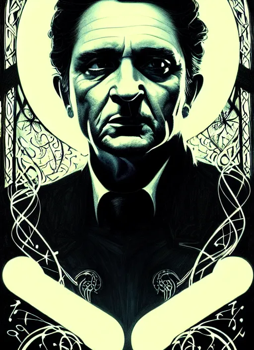 Image similar to portrait of johnny cash glowing eyes, volumetric lights, feast, music notes, art nouveau botanicals, gothic, intricate, highly detailed, digital painting, artstation, concept art, smooth, sharp focus, symmetric face, illustration, steampunk, art by artgerm and greg rutkowski and alphonse mucha