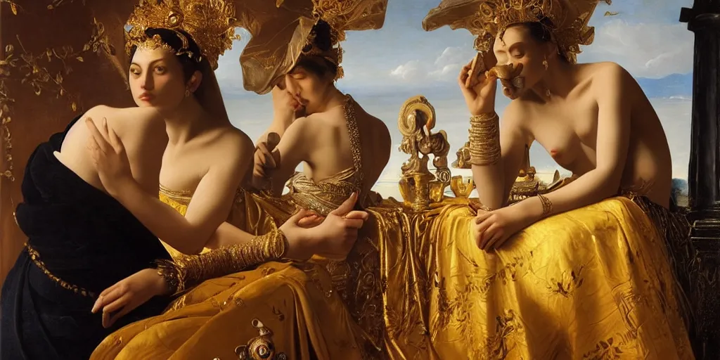 Image similar to beautiful oil matte painting, women with gold skin showered with diamonds, wonderful masterpiece highly detailed, beautiful cinematic light deep focus, elegant, digital painting, smooth, sharp focus, golden ratio, dramatic illumination, ultra realistic, 8 k, art by artemisia lomi gentileschi and caravaggio