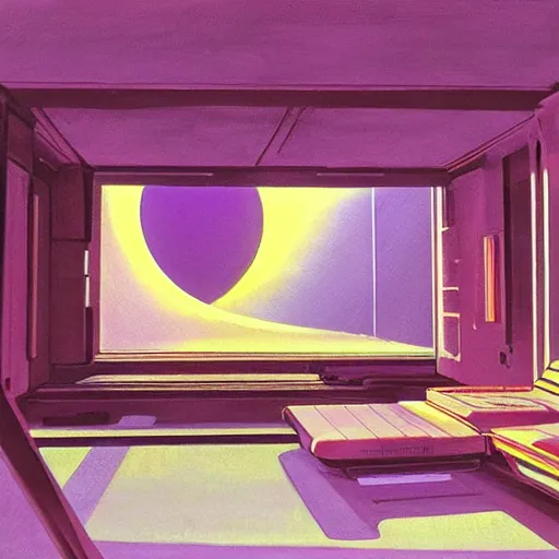 Prompt: painting of a syd mead scifi ancient civilzation empty room, purple sun