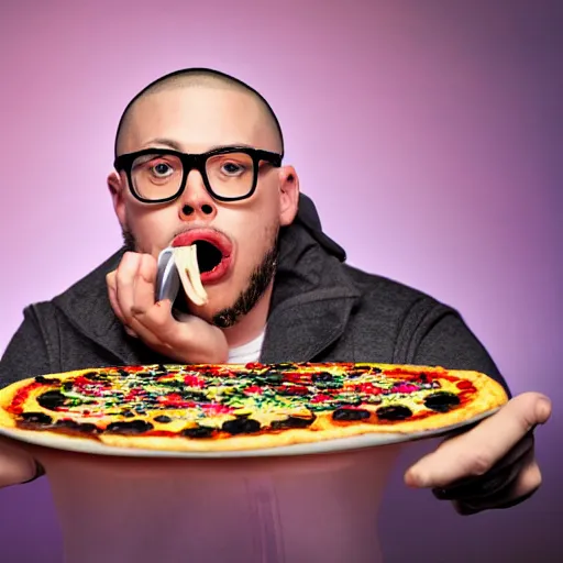 Prompt: Anthony Fantano eating a licorice pizza, studio lighting, uhd, trending on art station
