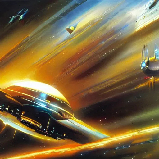 Prompt: futuristic spaceship jumping to warp lightspeed concept art oil painting by , extremely detailed, brush hard, by john berkey