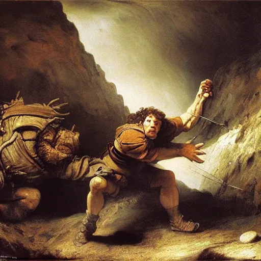 Prompt: samwise gamgi fighting shelob the spider, painting by gustave courbet, high detail, claude joseph vernet, rembrandt, museum painting, masterpiece