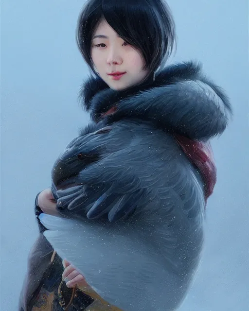 Image similar to a beautiful chinese woman in down jacket ， a goose ， winer ， wenjun lin intricate, elegant, highly detailed, digital painting, artstation, concept art, matte, sharp focus, illustration, hearthstone, art by artgerm and greg rutkowski and alphonse mucha