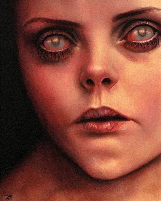 Image similar to Christina Ricci, portrait, close-up, deep focus, dramatic lighting, highly detailed, in the style of Zdzislaw Beksinski