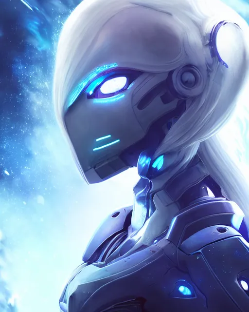 Image similar to perfect android girl on a mothership, warframe armor, beautiful face, scifi, futuristic, galaxy, nebula, raytracing, dreamy, long white hair, blue cyborg eyes, sharp focus, cinematic lighting, highly detailed, artstation, divine, by gauthier leblanc, kazuya takahashi, huifeng huang