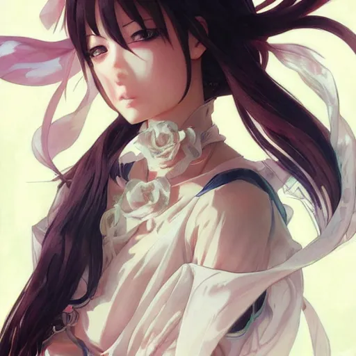 Image similar to portrait a kurumi tokisaki, anime style, light effect, anime style hyper detailed, illustration, bloody, intricate, elegant, digital painting, artstation, smooth, sharp focus, art by artgerm and greg rutkowski and alphonse mucha.