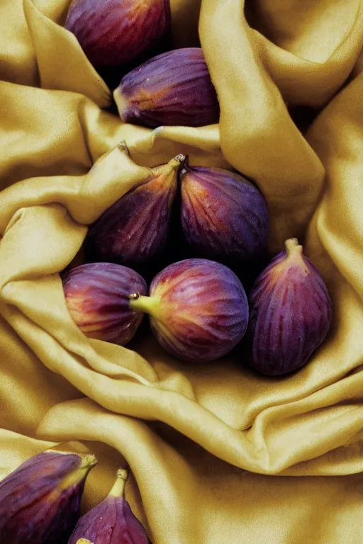 Prompt: Photo print of figs lying on a beige silk cloth, food photography, award winning, highly detailed, 4k, 1970s National Geographic.