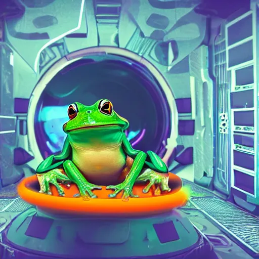 Image similar to frog sitting in the middle of spaceship ; hi - tech ; vaporwave ; unreal engine, wide angle