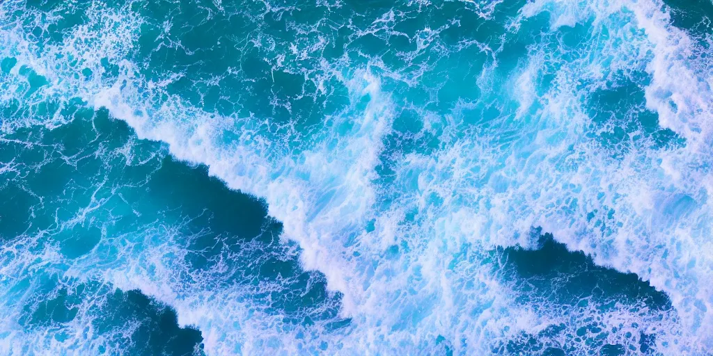 Image similar to blue purple and pink colored ocean waves rolling into the beach that look like the great wave off Kanagawa, high resolution, 8k