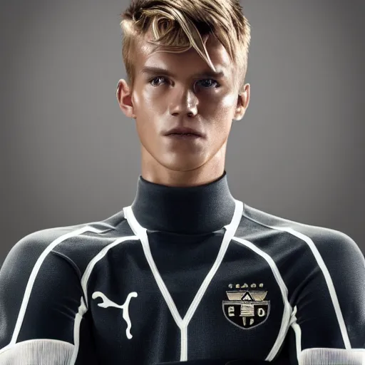 Image similar to a realistic detailed photo of a guy who is an attractive humanoid who is half robot and half humanoid, who is a male android, soccer player martin ødegaard, shiny skin, posing like a statue, blank stare, in a living room, on display, showing off his muscles, with a twin