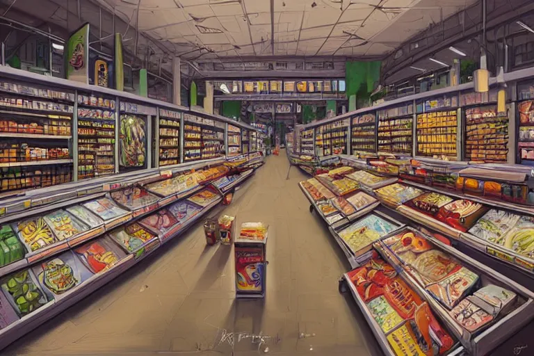 Image similar to a beautiful painting of a pristine and sterile supermarket grocery store, representative of the art style of artgerm and wlop and peter mohrbacher