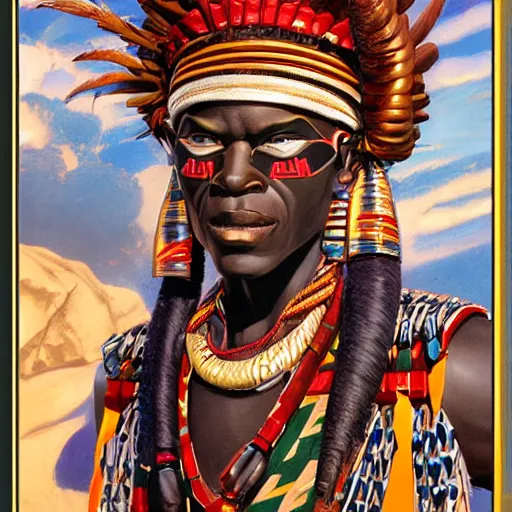 Image similar to a retro futuristic african tribal chief, art by drew struzan & joseph christian leyendecker, highly detailed, digital painting, concept art, smooth sharp focus, intricate,