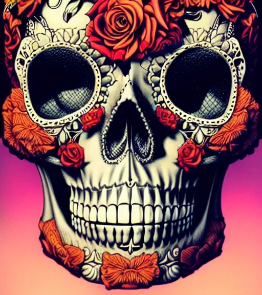 Prompt: a gorgeous fancy skull lady by dan mumford and gil elvgren, sugar skull, hyperrealism, intricate details, exceptional beauty, fool, high contrast, high fashion