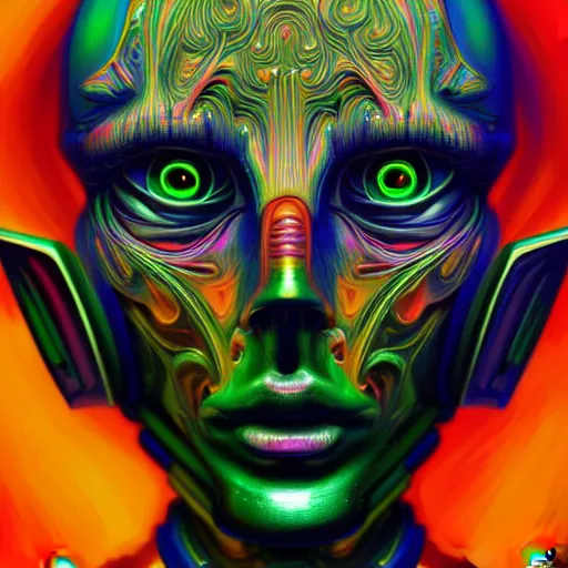 Image similar to An extremely psychedelic portrait of a robot, surreal, LSD, face, detailed, intricate, elegant, lithe, highly detailed, digital painting, artstation, concept art, smooth, sharp focus, illustration