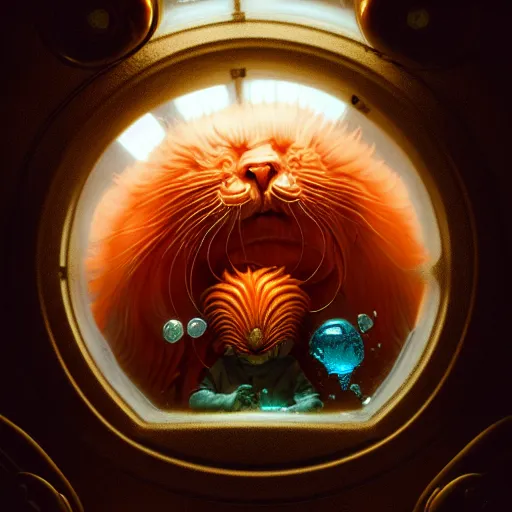 Prompt: opalescent scary animal inside cryochamber, warm colors : by michal karcz, daniel merriam, victo ngai and guillermo del toro : ornate, dynamic, particulate, intricate, elegant, highly detailed, centered, artstation, smooth, sharp focus, octane render