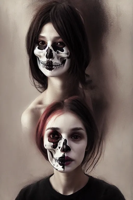 Prompt: attractive portrait skull girl by petros afshar, hyper real, leng jun and singer sargent