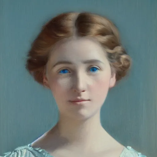 Image similar to portrait painting of a young lady in a light blue dress 1 9 0 0 s entire face shown in great detail, looking at the camera, full body in camera, blonde hair, garden, photorealistic, extreme detail, sharp focus, 8 k, intricate, hyper detailed, realistic, cinematic lighting