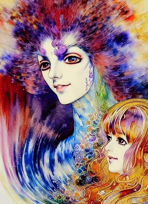 Image similar to vintage 7 0 s anime watercolor by karol bak, a portrait of a lady with colorful face - paint enshrouded in an impressionist watercolor, representation of mystic crystalline rift fractals in the background by william holman hunt, art by cicley mary barker, thick impressionist watercolor brush strokes, portrait painting by daniel garber, minimalist simple pen and watercolor