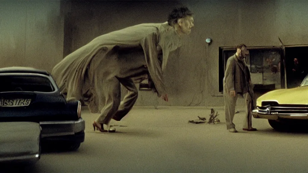 Image similar to the hip creature sells a used car, film still from the movie directed by denis villeneuve and david cronenberg with art direction by salvador dali and zdzisław beksinski, wide lens