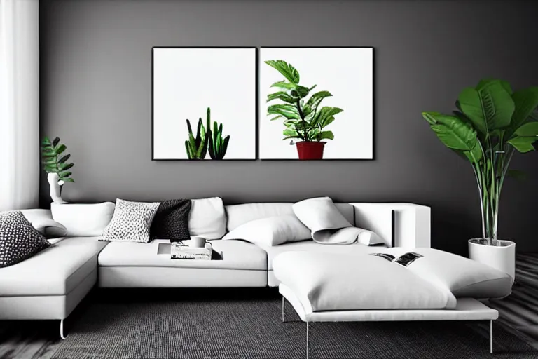 Image similar to minimalist contemporary modern design living room, cozy, calm, plants, big canvas art, hardwoord floor, white walls, highly detailed wide angle photograph