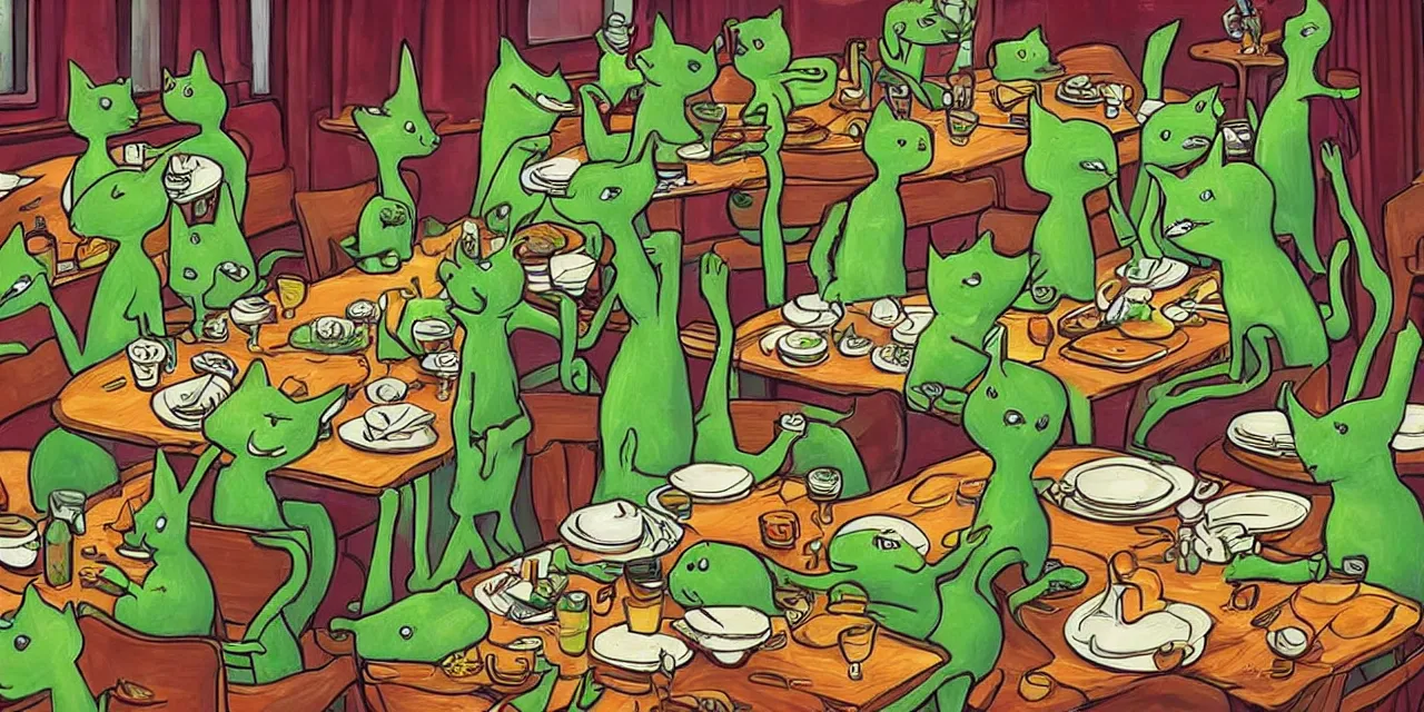 Image similar to long table big family style diner in the artistic style of slightly surreal cat in the cat book iconography but replace cat with little green aliens wearing costumes highly detailed