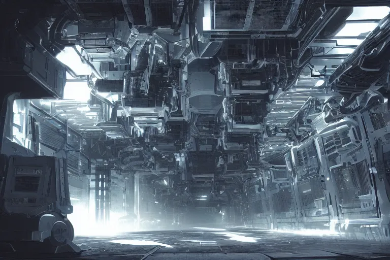 Prompt: robosaurus parallax datacenter server room interior single mono colossus white rusty robot sitting artstation cinematic detailed concept art volumetric light sharp coherent cgsociety symmetric perfect well balanced shadows lotr servers