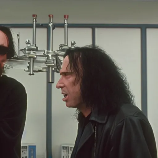 Prompt: filmic extreme close up shot movie still 4 k uhd interior 3 5 mm film color photograph of nicolas cage and tommy wiseau as two scientists arguing and yelling in a lab in antartica