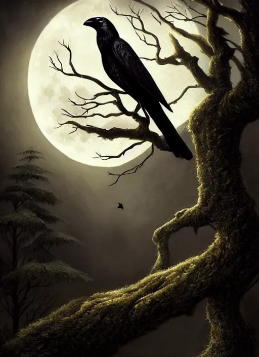 Image similar to side portrait dark crow on tree in front of the full big moon, fine art, awesome fantasy book cover on Pinterest, award winning, fantasy forest landscape, fantasy magic, dark golden light night, intricate, elegant, sharp focus, illustration, highly detailed, digital painting, concept art, matte, art by WLOP and Artgerm and Greg Rutkowski, masterpiece, trending on artstation