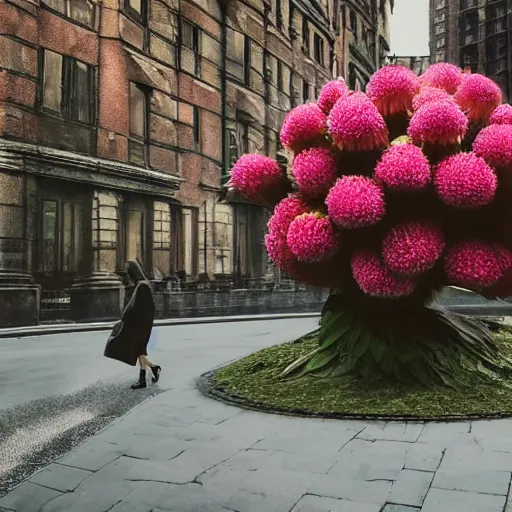 Image similar to giant rhododendron flower head, woman walking through city, surreal photography, cinema, realistic, symmetry, detailed, retro, wes anderson