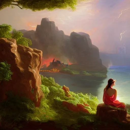 Image similar to a painting of a woman sitting on a rock overlooking a burning house on an island, a digital painting by thomas cole, cgsociety, metaphysical painting, 2 d game art, storybook illustration, detailed painting