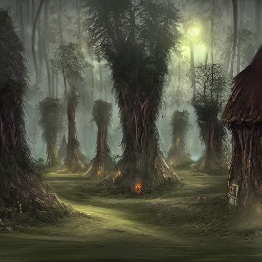 Prompt: village in the trees of a mysterious forest. mist. dusk. concept art. hyper detailed