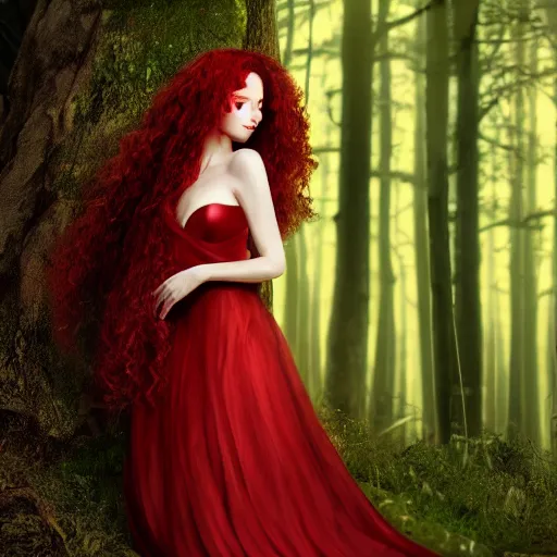 Image similar to beautiful woman with long curly red hair in elaborate gown, rim lit, forest, moon in background, photo realistic, cinematic atmosphere, octane render, 8 k, ethereal, dramatic lighting