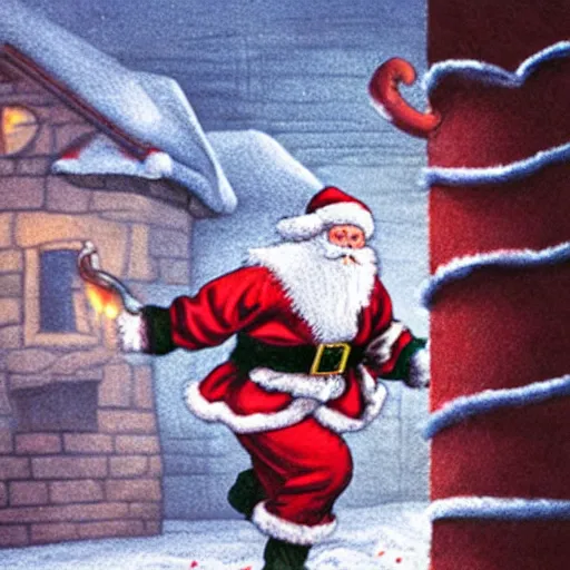 Image similar to Santa Claus squeezing into a chimney while being chased by Krampus