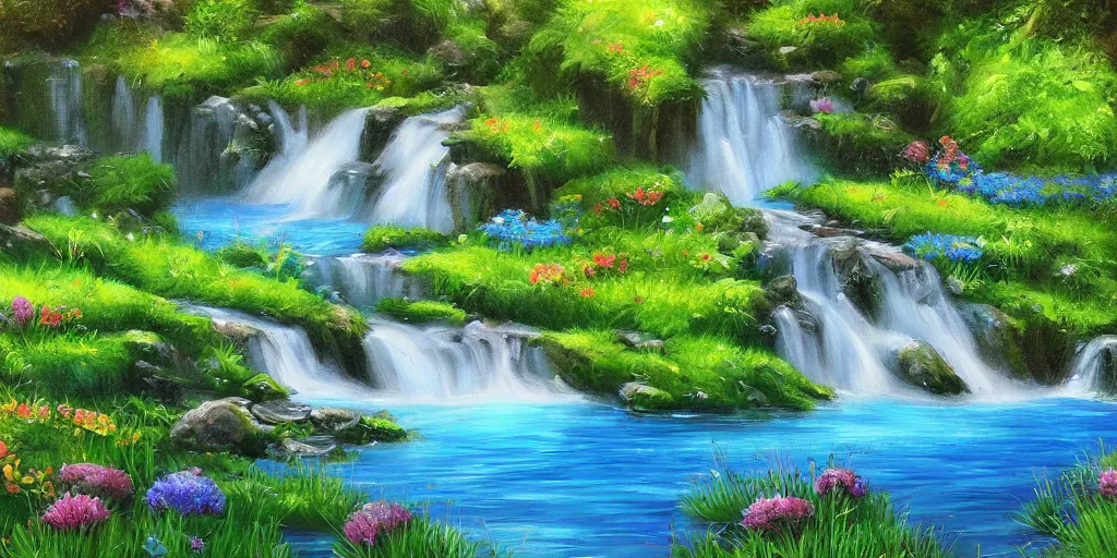 Prompt: a fantasy meadow landscape with waterfall, lake, river, and patches of blue flower, digital art, painterly, oil painting, matte