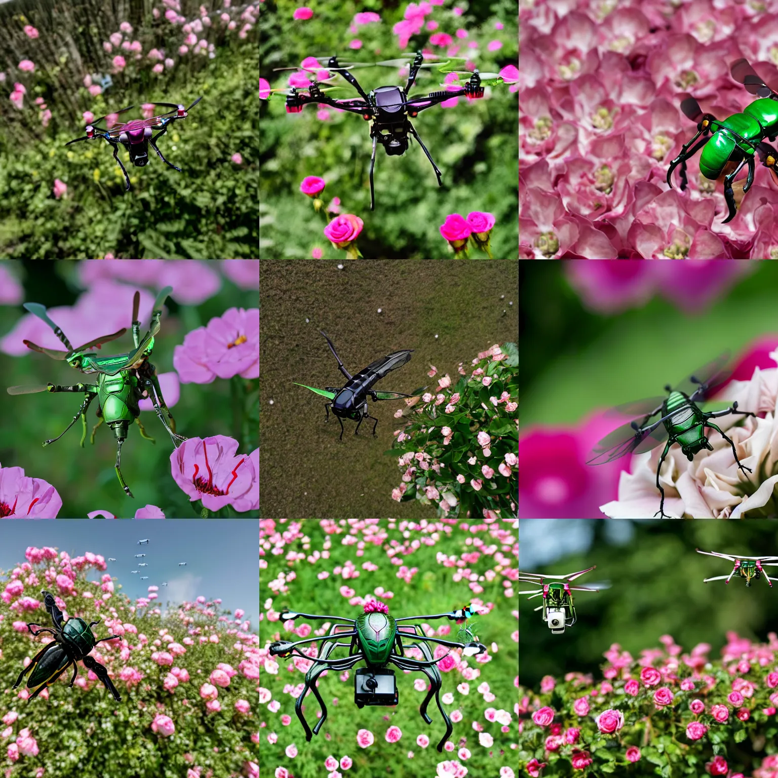 Prompt: rose chafer with quadcopter drone wings creating turbulence above rose flowers