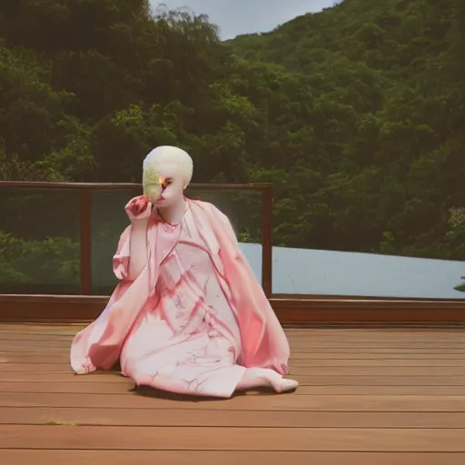 Image similar to cinematic photo of a beautiful albino axolotl woman lit with saturated split colour yellow and dusty pink lighting reading a roberto bolano novel on the deck