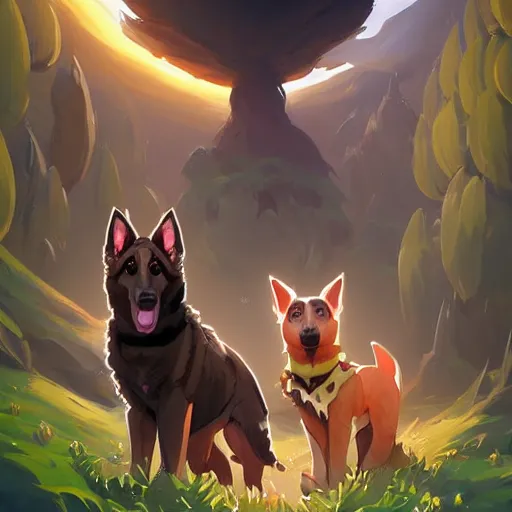 Prompt: two german shepherds, one brown tan domino one black white markings, pointy ears, fanart ornate fantasy ori and the blind forest cover style official behance hd artstation by jesper ejsing, by rhads, makoto shinkai and lois van baarle, ilya kuvshinov, rossdraws pastel vibrant