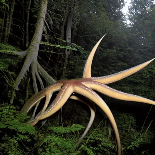 Prompt: National Geographic photo of giant squid in the forest