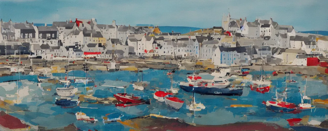 Prompt: a painting of the harbour at Stromness orkney, Unplanned, expressive, random, experimental, loose