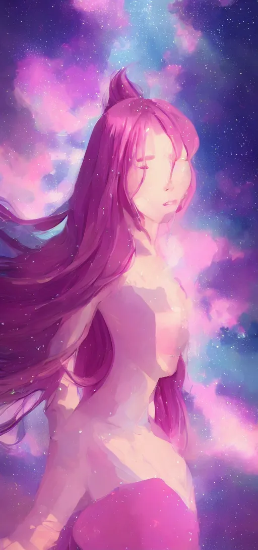 Prompt: beautiful woman floating in space peacefully, crystallized dress, pinks blue an purples, vibrant, extra long hair, full body, airbrushed, hazy, gentle, soft lighting, wojtek fus, by Makoto Shinkai and Ilya Kuvshinov,